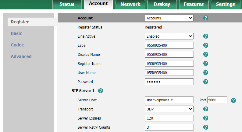 Configurazione Yealink VoipVoice parametri generali